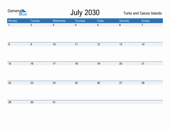 Fillable July 2030 Calendar