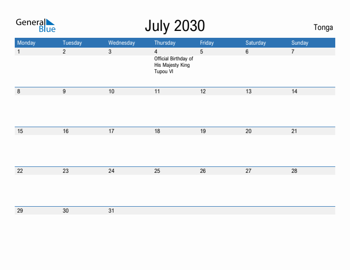 Fillable July 2030 Calendar