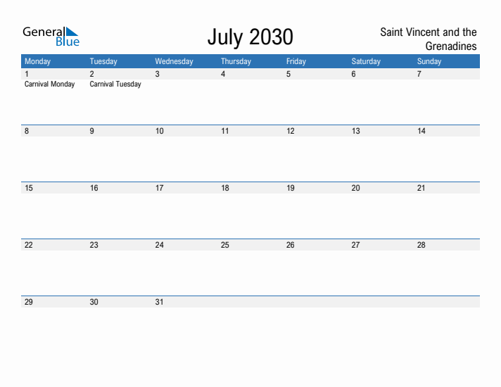 Fillable July 2030 Calendar
