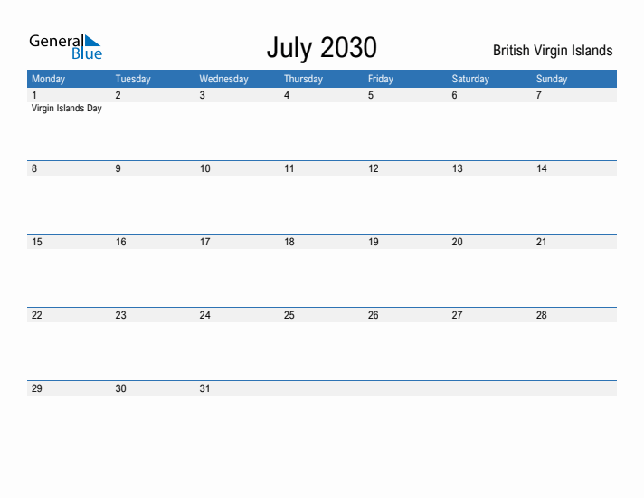 Fillable July 2030 Calendar