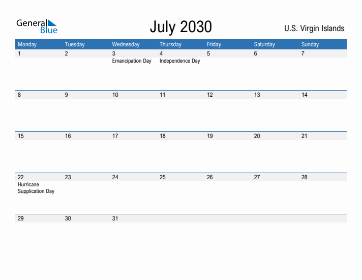 Fillable July 2030 Calendar