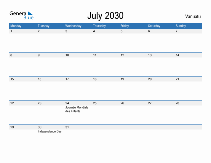 Fillable July 2030 Calendar