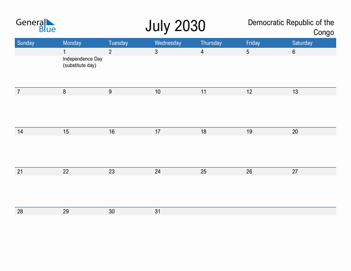 Fillable July 2030 Calendar