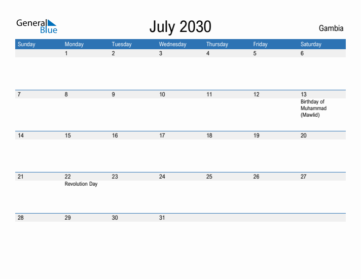 Fillable July 2030 Calendar