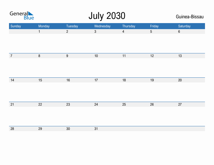 Fillable July 2030 Calendar