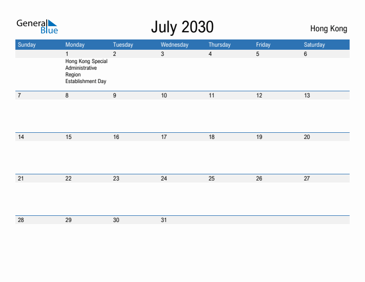 Fillable July 2030 Calendar