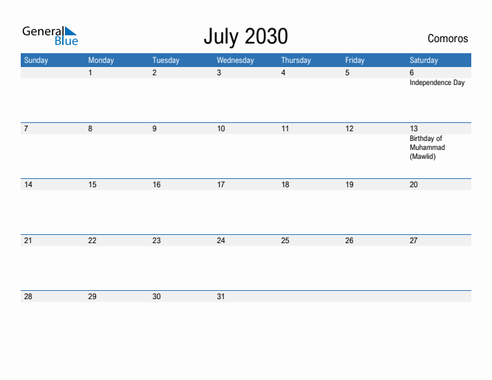 Fillable July 2030 Calendar