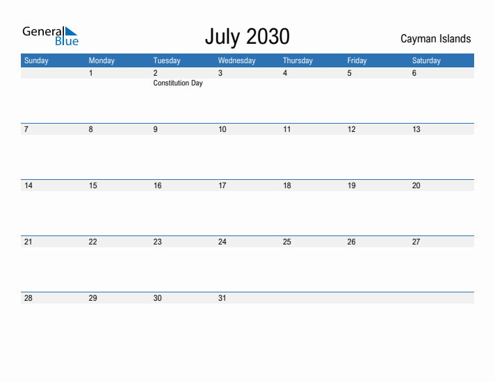 Fillable July 2030 Calendar