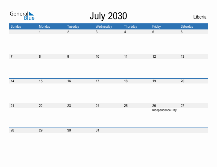 Fillable July 2030 Calendar