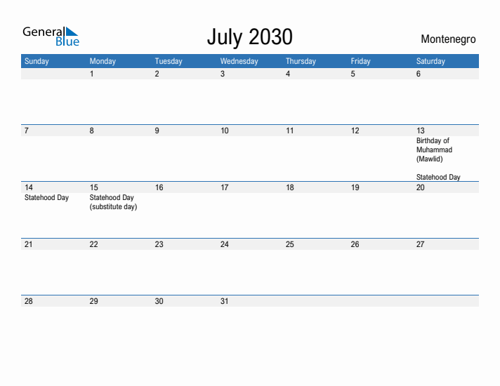 Fillable July 2030 Calendar