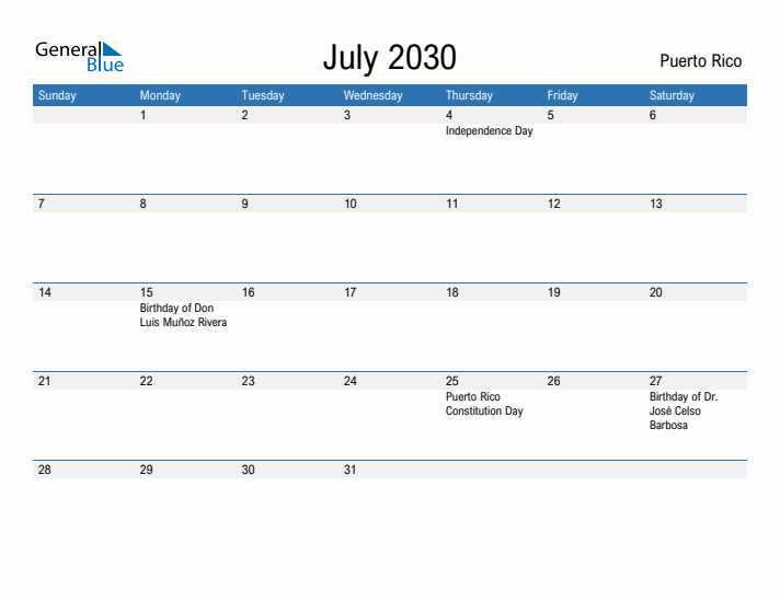 Fillable July 2030 Calendar