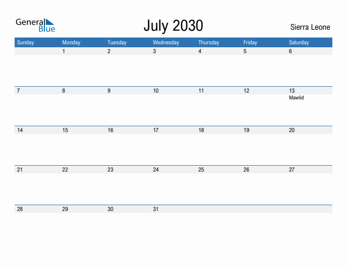 Fillable July 2030 Calendar