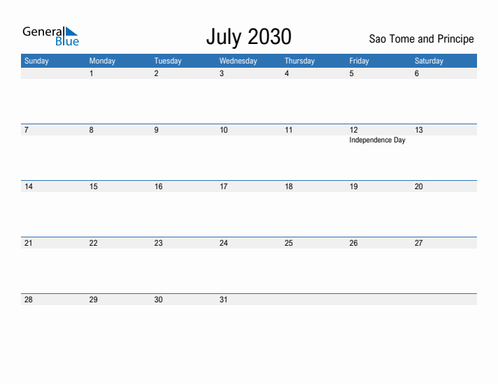 Fillable July 2030 Calendar
