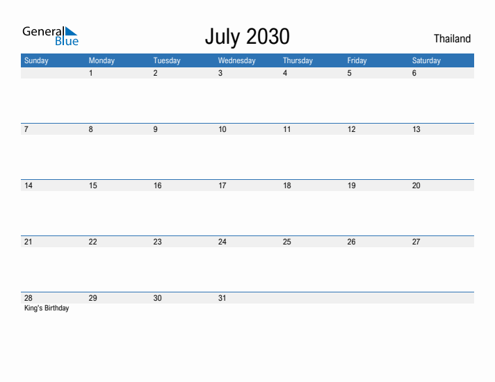 Fillable July 2030 Calendar
