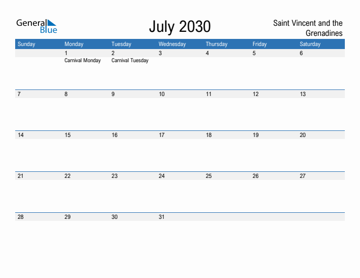 Fillable July 2030 Calendar