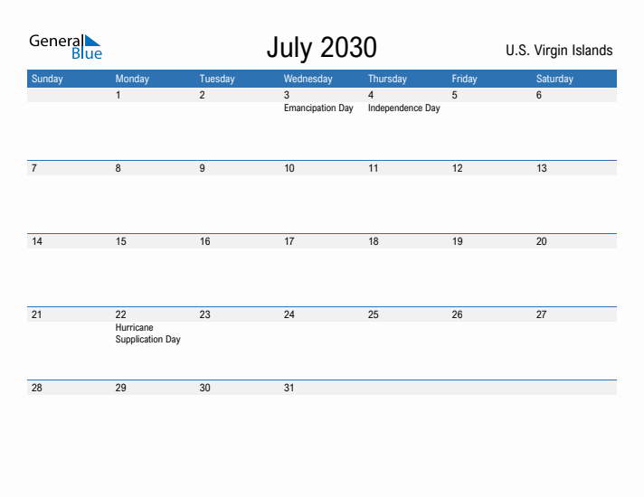 Fillable July 2030 Calendar