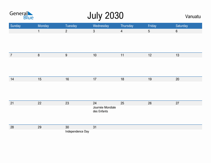 Fillable July 2030 Calendar