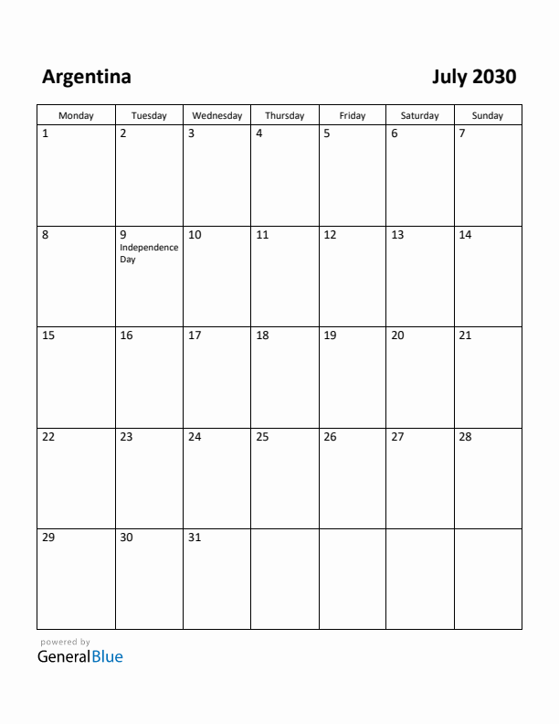 July 2030 Calendar with Argentina Holidays