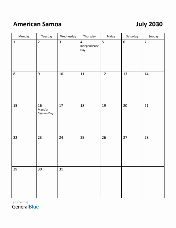 July 2030 Calendar with American Samoa Holidays