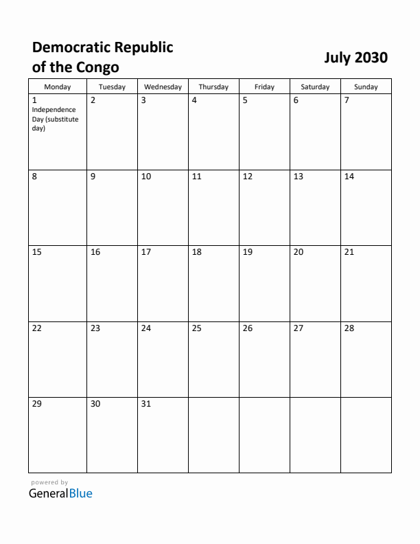 July 2030 Calendar with Democratic Republic of the Congo Holidays