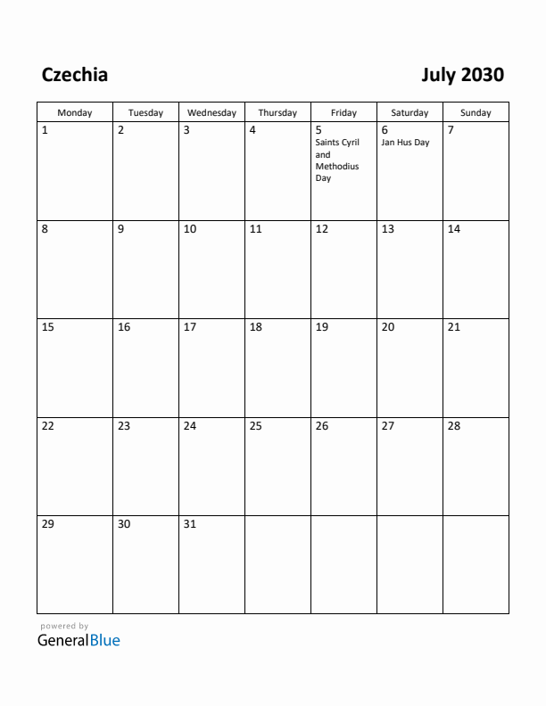 July 2030 Calendar with Czechia Holidays