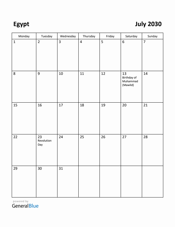 July 2030 Calendar with Egypt Holidays