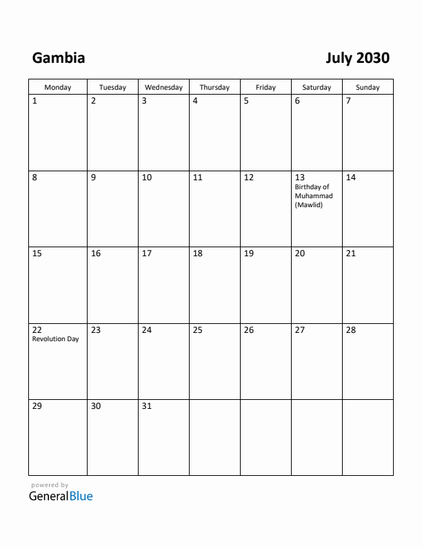 July 2030 Calendar with Gambia Holidays