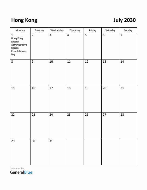 July 2030 Calendar with Hong Kong Holidays