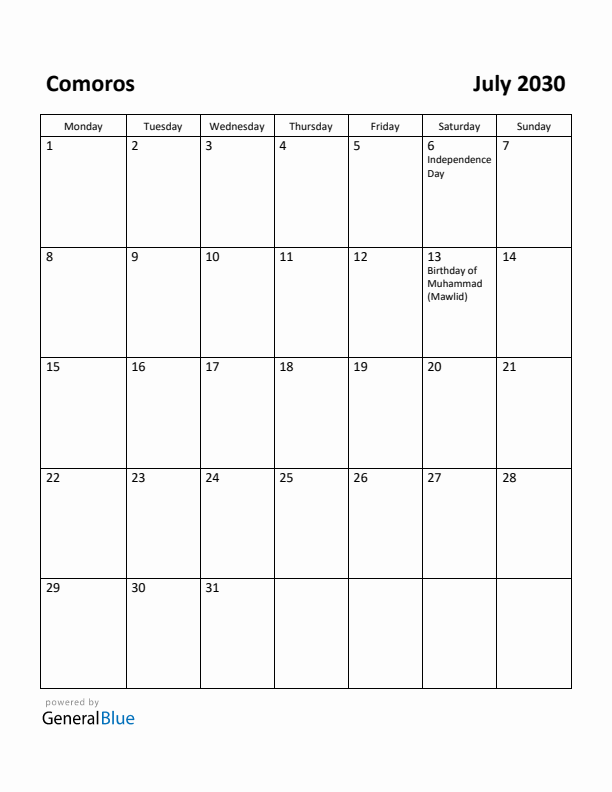 July 2030 Calendar with Comoros Holidays