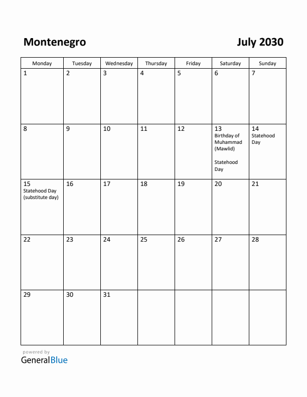 July 2030 Calendar with Montenegro Holidays