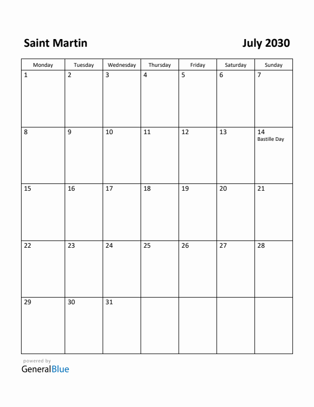 July 2030 Calendar with Saint Martin Holidays