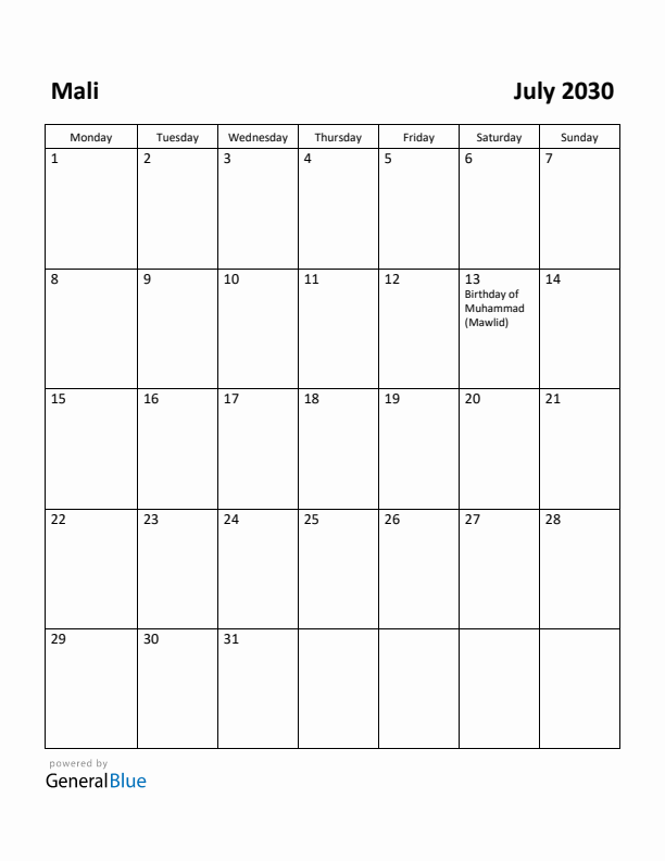 July 2030 Calendar with Mali Holidays