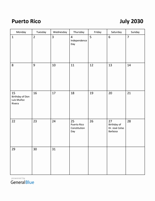 July 2030 Calendar with Puerto Rico Holidays