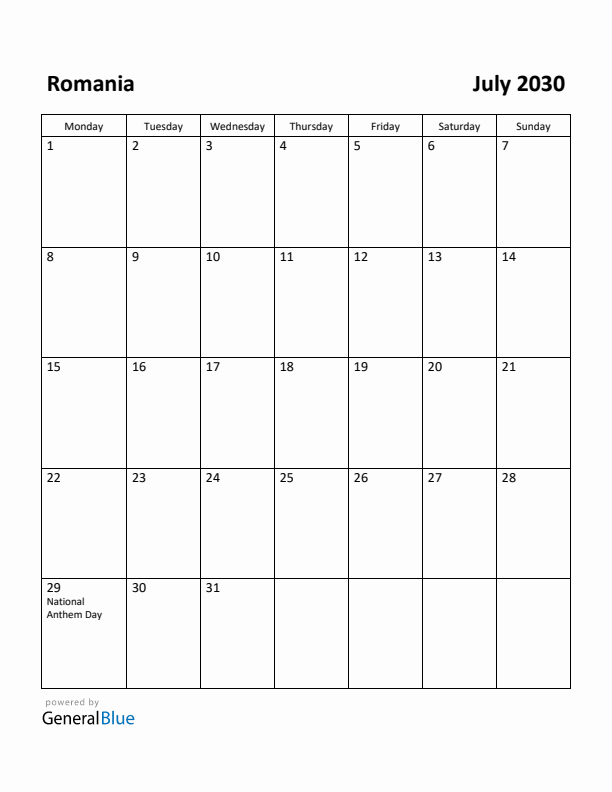 July 2030 Calendar with Romania Holidays