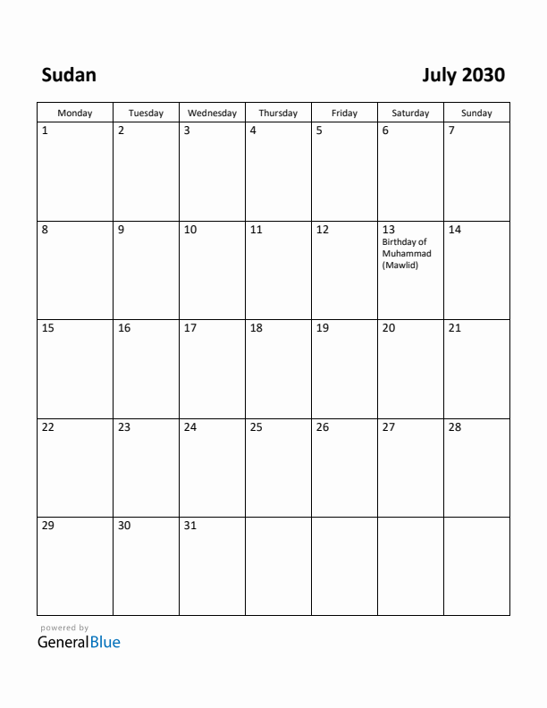July 2030 Calendar with Sudan Holidays