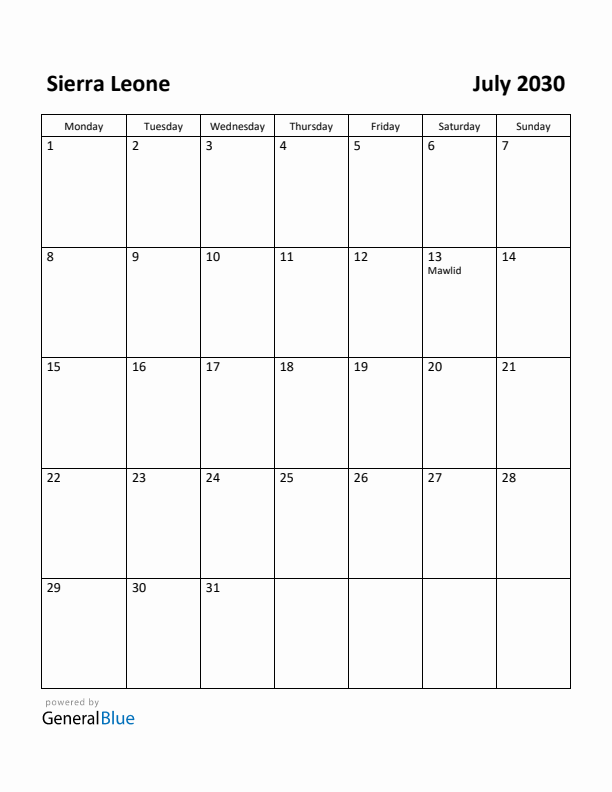 July 2030 Calendar with Sierra Leone Holidays