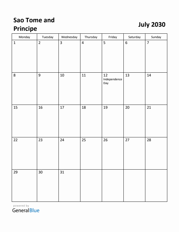July 2030 Calendar with Sao Tome and Principe Holidays