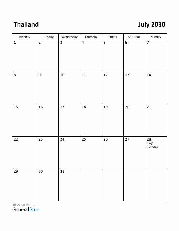 July 2030 Calendar with Thailand Holidays