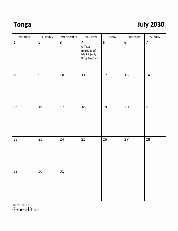 July 2030 Calendar with Tonga Holidays