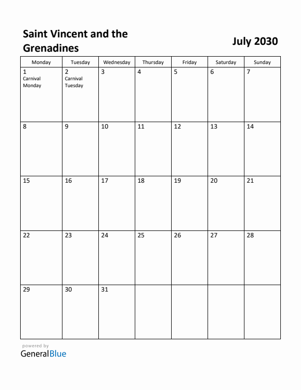 July 2030 Calendar with Saint Vincent and the Grenadines Holidays