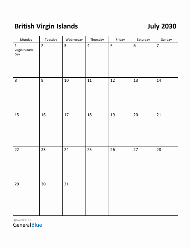 July 2030 Calendar with British Virgin Islands Holidays