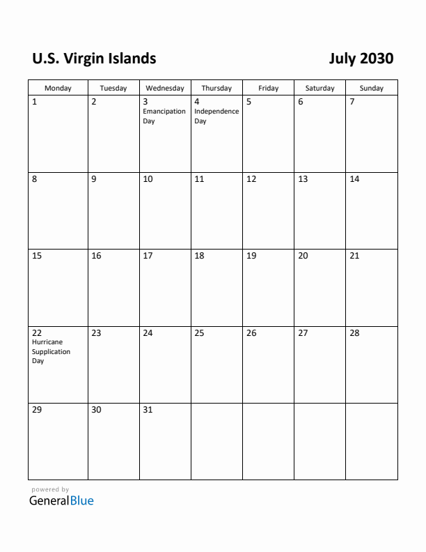 July 2030 Calendar with U.S. Virgin Islands Holidays