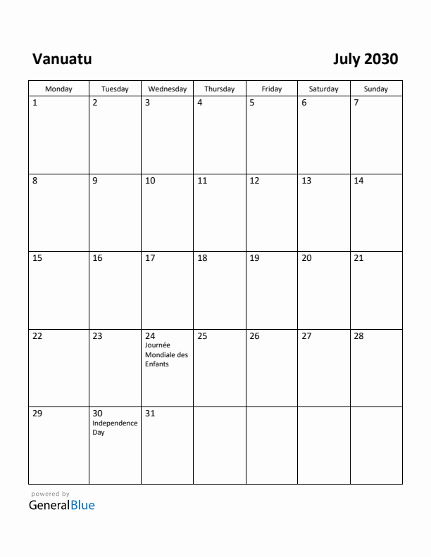 July 2030 Calendar with Vanuatu Holidays