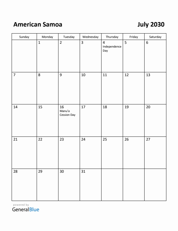 July 2030 Calendar with American Samoa Holidays