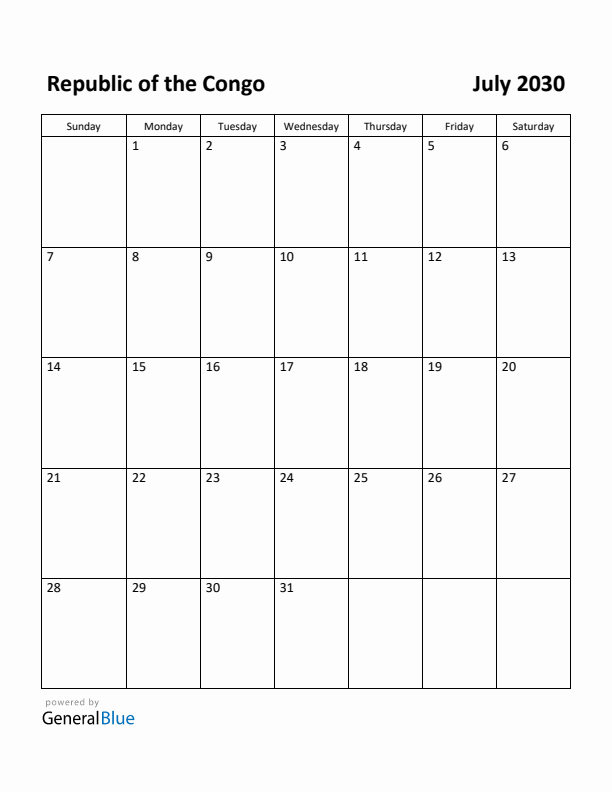 July 2030 Calendar with Republic of the Congo Holidays