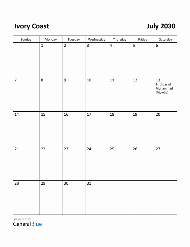 July 2030 Calendar with Ivory Coast Holidays