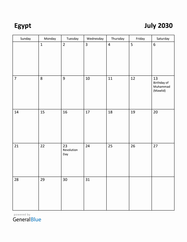 July 2030 Calendar with Egypt Holidays