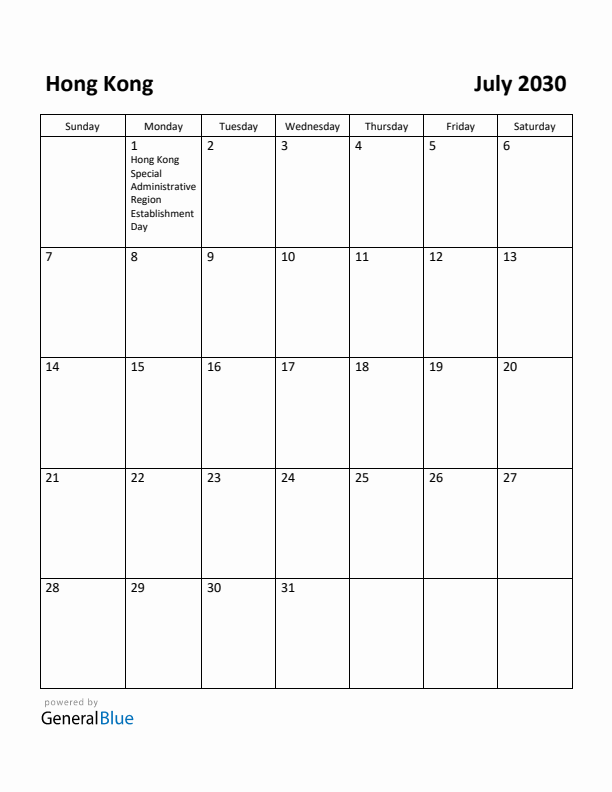 July 2030 Calendar with Hong Kong Holidays