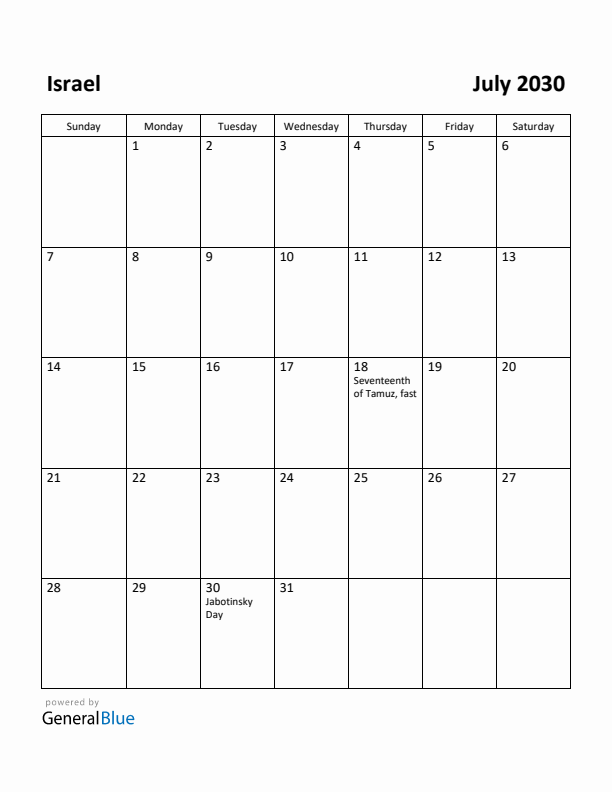 July 2030 Calendar with Israel Holidays