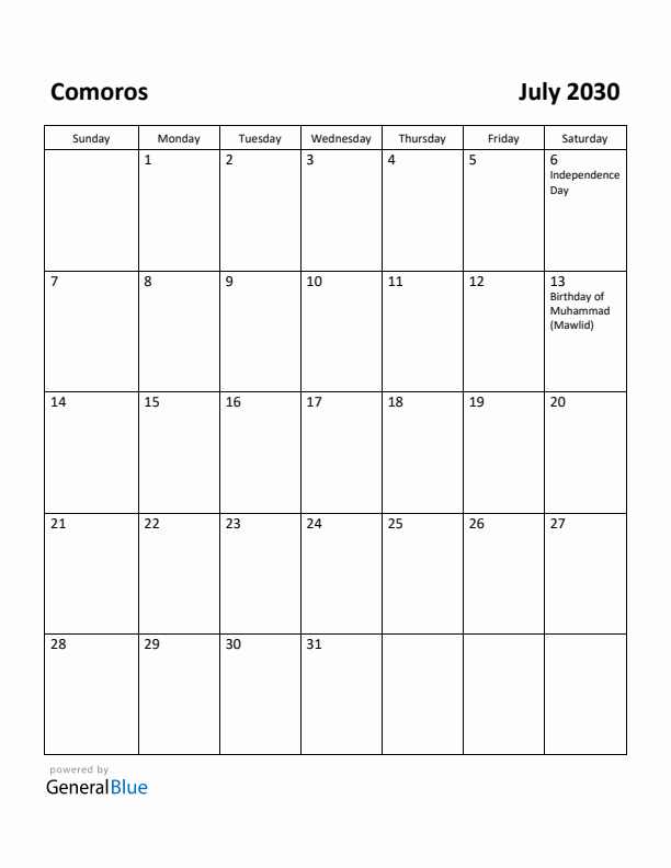July 2030 Calendar with Comoros Holidays